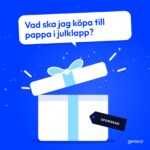 En pratbubbla frågar: Vad ska jag köpa till pappa i julklapp? Under den ett öppnat julklappspaket med en Sponsrad-lapp.