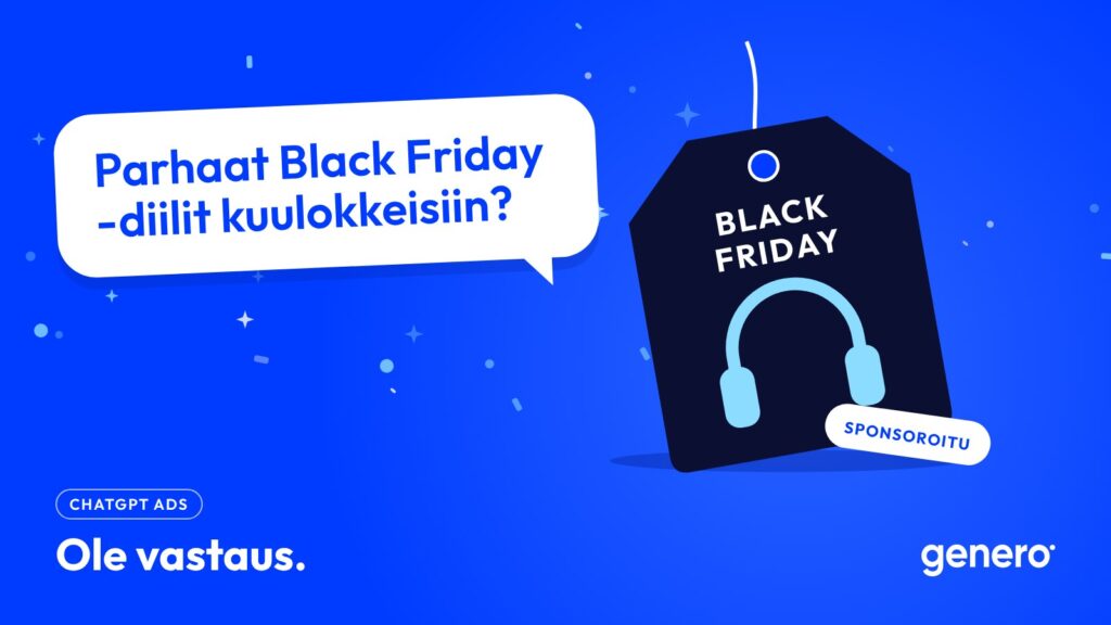 Puhekupla kysyy: Parhaat Black Friday -diilit kuulokkeisiin? Kysymyksestä roikkuu Black Friday -hintalappu, jossa lukee Sponsoroitu.