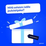 Puhekupla kysyy: Mitä ostaisin isälle joululahjaksi? Alla aukeava lahjapaketti, jossa on Sponsoroitu-lappu.